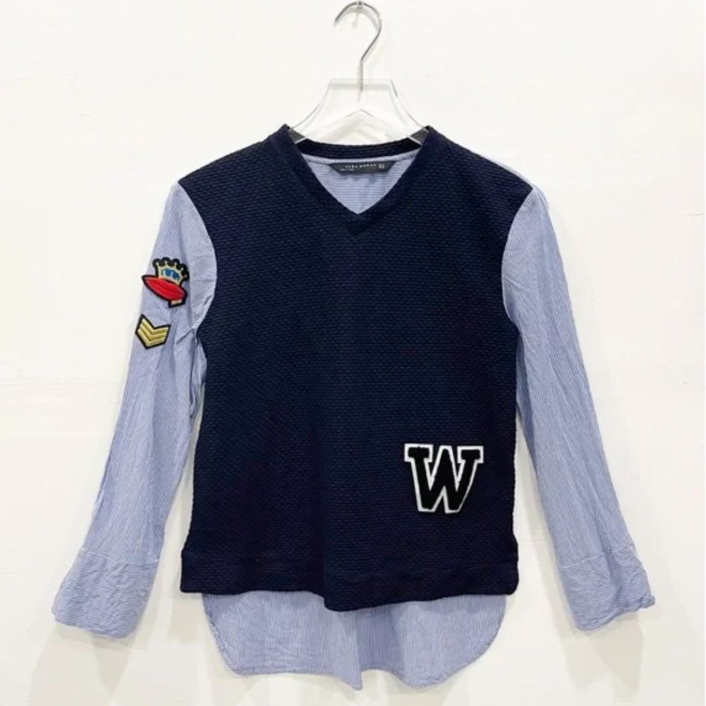 Zara Poplin Oversized 2 in 1 Collegiate Shirt Top Long Sleeve Size XS Blue